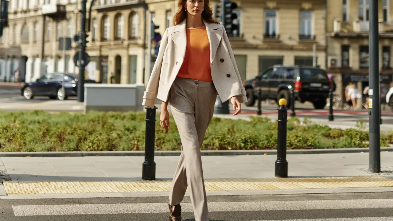 Elegancka kobieta w beżowych stylizacjach zimowych przechodzi przez pasy. Jasny płaszcz narzucony na pomarańczową bluzkę i spodnie w prążki tworzą szykowny miejski look.