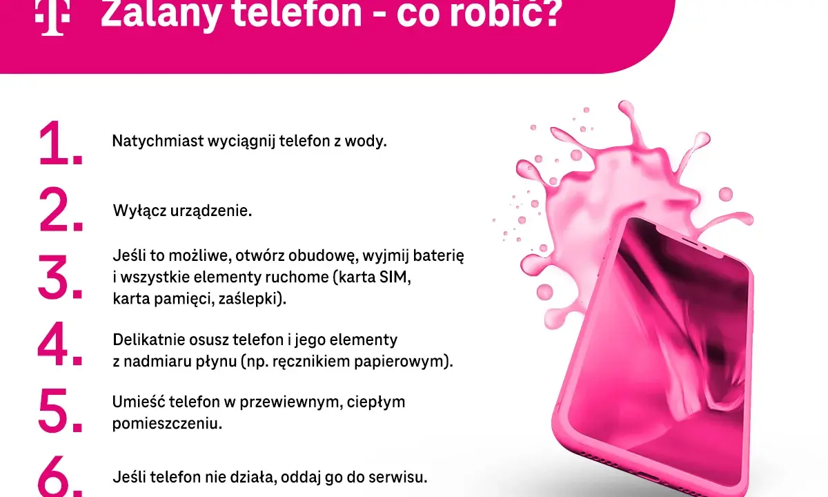 Instrukcja, czy da się naprawić zalany telefon: wyciągnij, wyłącz, osusz, wysusz. Jeśli nie działa, serwis.