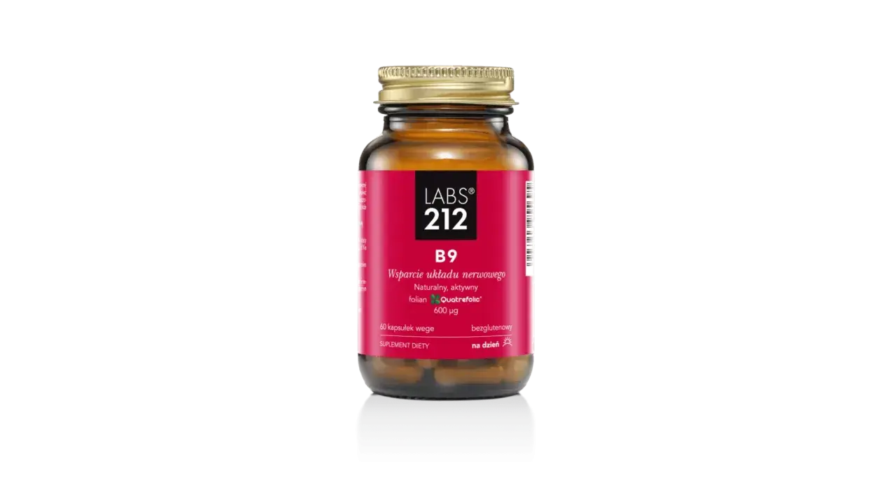 Suplement diety LABS 212 B9 z folianem Quatrefolic, aktywna forma kwasu foliowego, wspiera układ nerwowy. 60 kapsułek wege.