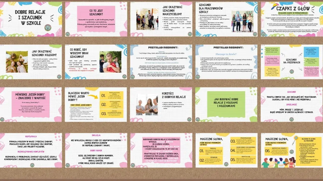 Grafika przedstawia kolaż slajdów z poradami dotyczącymi szacunku i dobrych relacji w szkole.