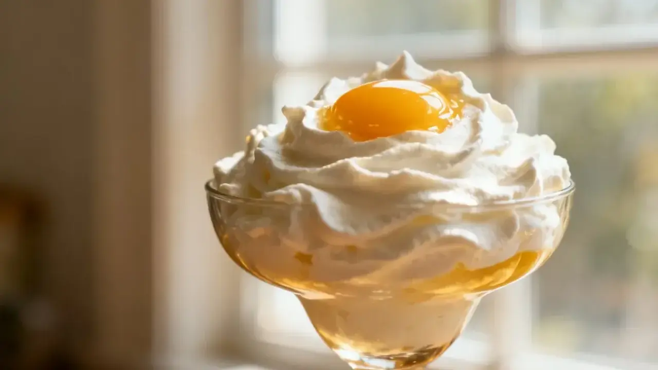 Dessert crémeux avec chantilly mascarpone aérienne et une touche de jaune d'œuf. Parfait pour conserver la fraîcheur.
