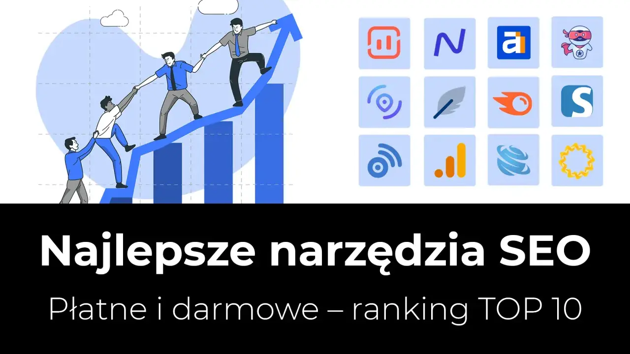 Zespół wspina się po wykresie, symbolizując sukces dzięki najlepszym narzędziom SEO. Ikony reprezentują różne funkcje.