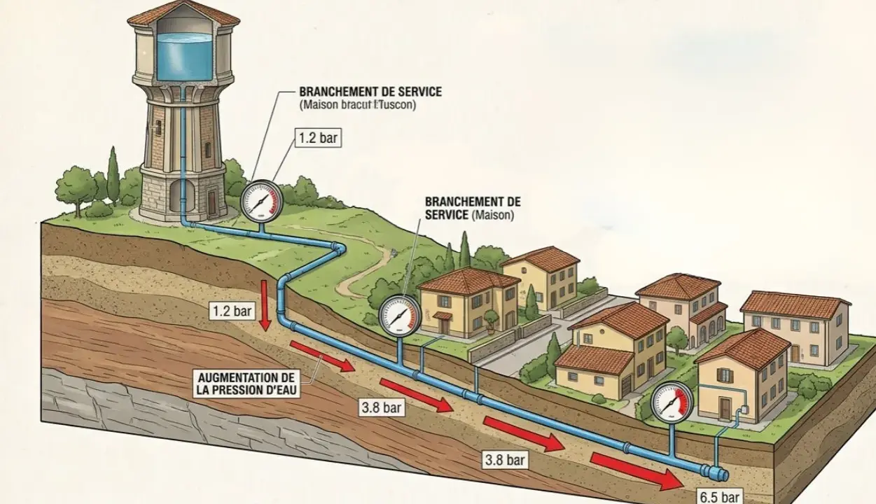 Schéma montrant la distribution d'eau. La pression de l'eau à la maison varie, passant de 1.2 bar près du château d'eau à 6.5 bar plus loin.