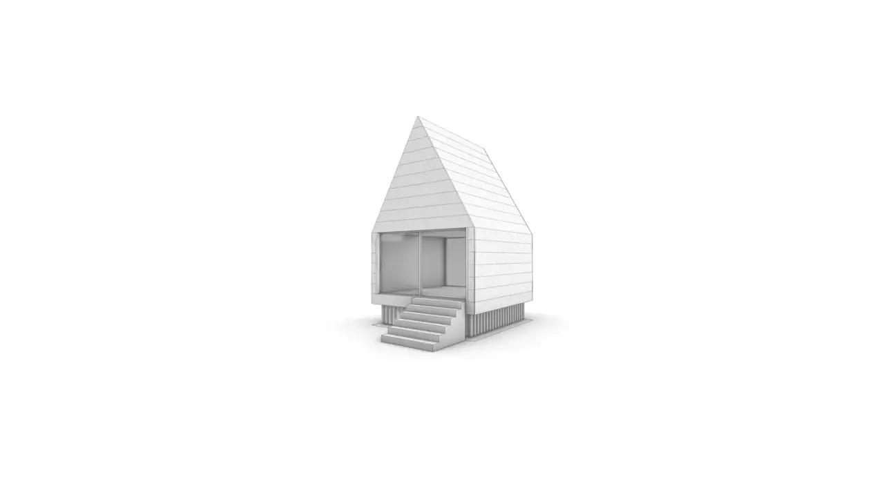Ein modernes frame haus mit Stufen und großen Fenstern.