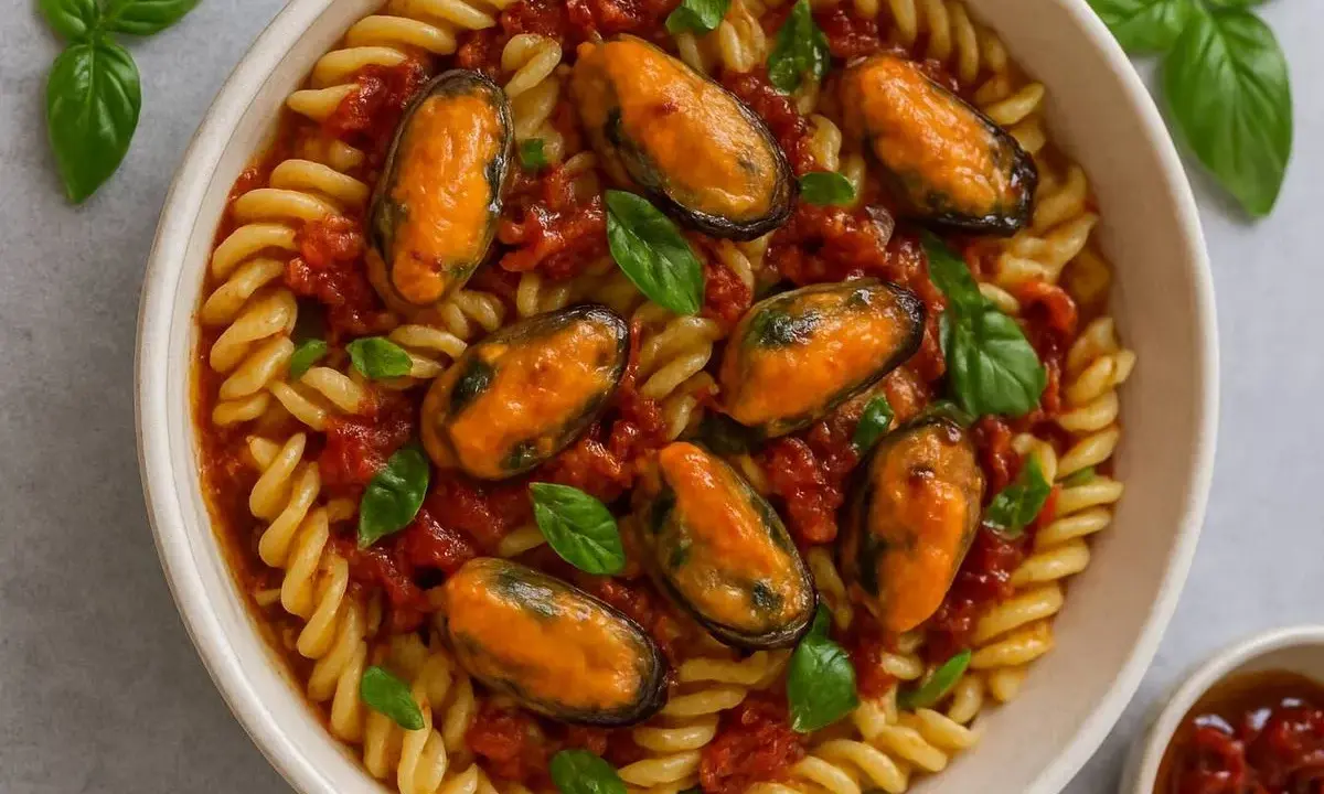 Pasta fusilli con mejillones y salsa de tomate casera, decorada con hojas de albahaca fresca. Un plato delicioso y lleno de sabor.