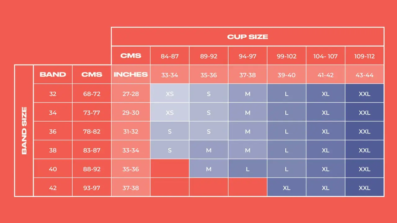 Bra size chart showing band sizes (32-42) and cup sizes (XS-XXL) with corresponding measurements in CMS and inches.