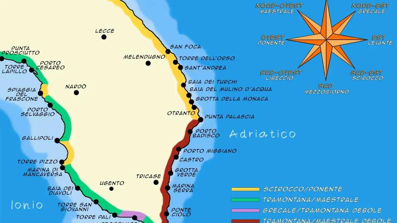 Mappa del Salento con le coste ionica e adriatica, evidenziando località e venti. Un viaggio ideale nel Salento mare.