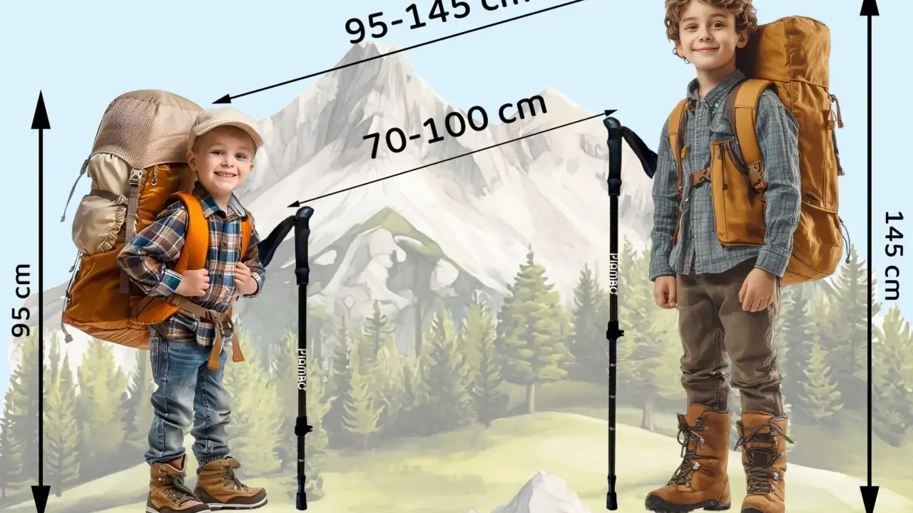 Dwóch chłopców z plecakami i kijki w góry. Mniejszy ma 95 cm, większy 145 cm. Wskazówki dotyczące długości kijków: 70-100 cm i 95-145 cm.