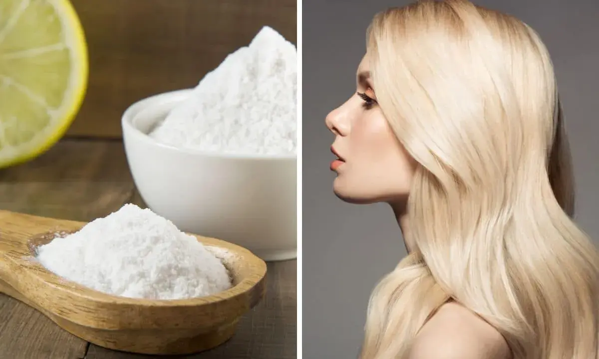 Bicarbonato in ciotola e cucchiaio, accanto a una donna con capelli biondi luminosi. Un rimedio naturale per la cura dei capelli.