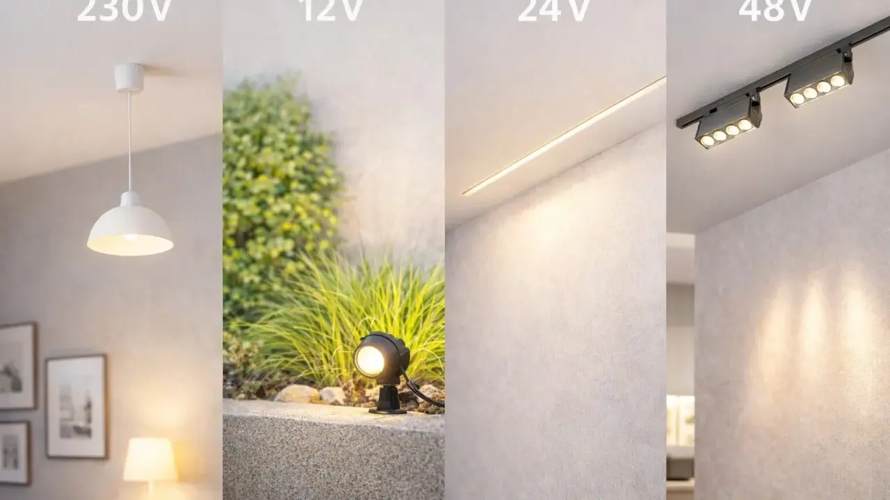Różne rodzaje oświetlenia: lampa wisząca 230V, ogrodowa 12V, liniowa 24V i reflektory 48V. Różne napięcie znamionowe, różne zastosowania.