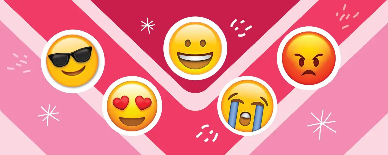 Emojis representan el ciclo menstrual fases emocionales: feliz, enamorado, llorando, enfadado y cool.