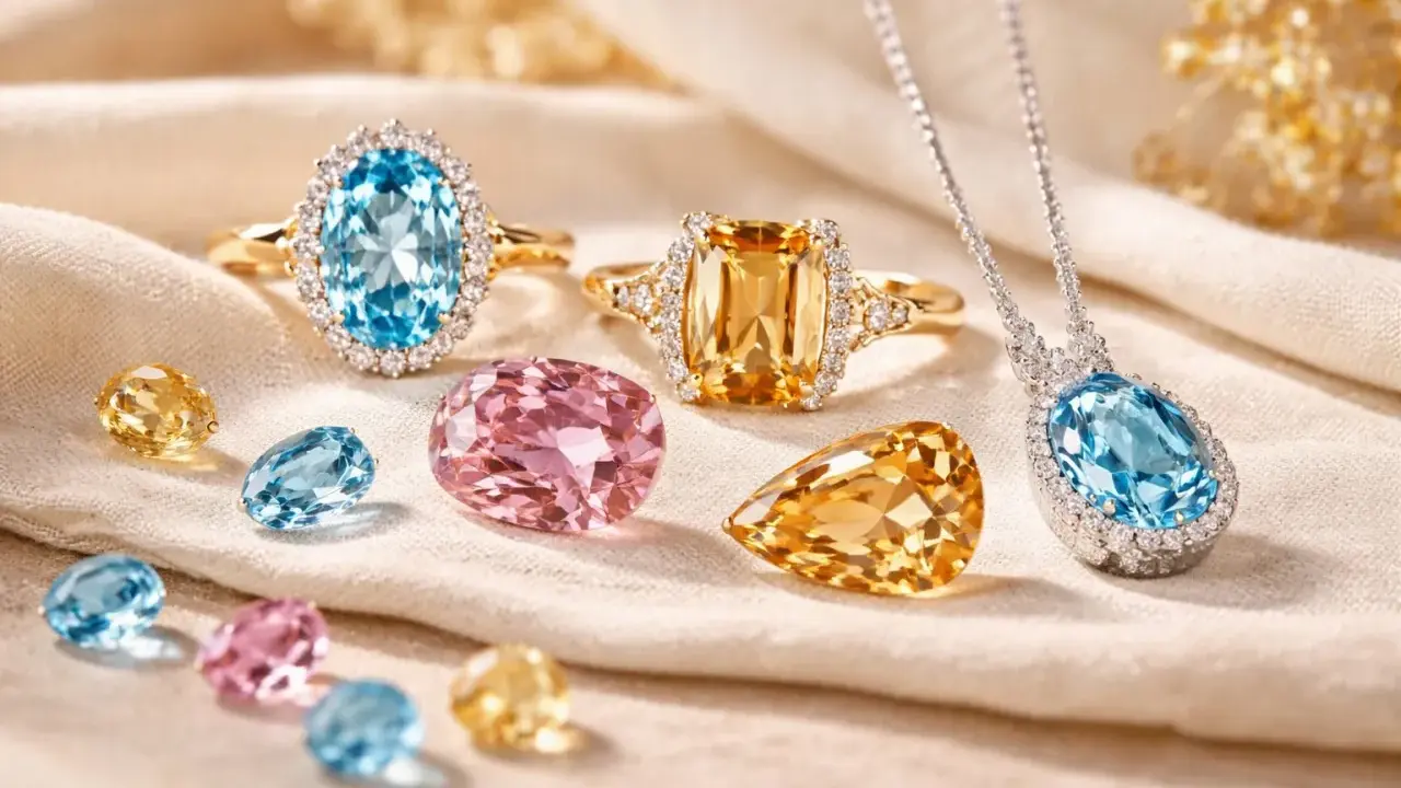 Gioielli con pietre preziose: anelli con topazio pietra blu e giallo, un pendente con topazio pietra blu e gemme rosa.
