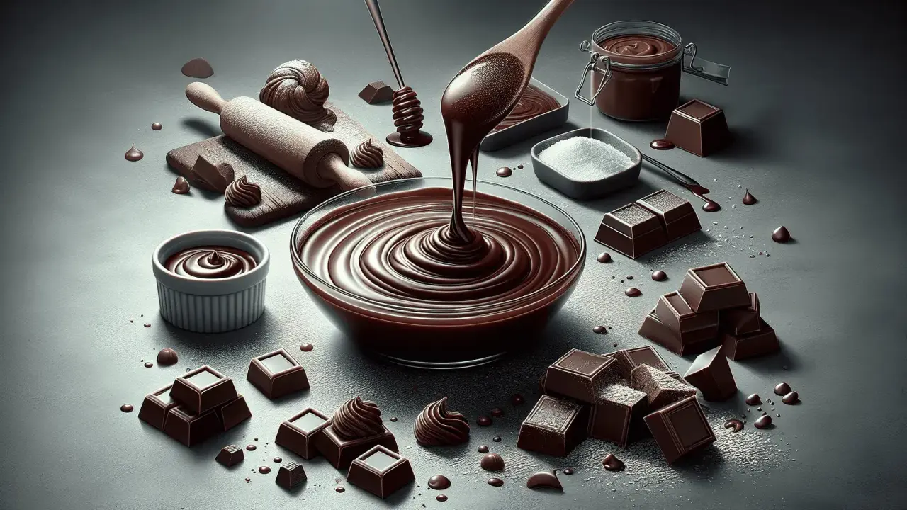 Une cuillère en bois verse une sauce chocolat onctueuse dans un bol en verre. Des carrés de chocolat, du sucre et un rouleau à pâtisserie complètent cette scène gourmande.