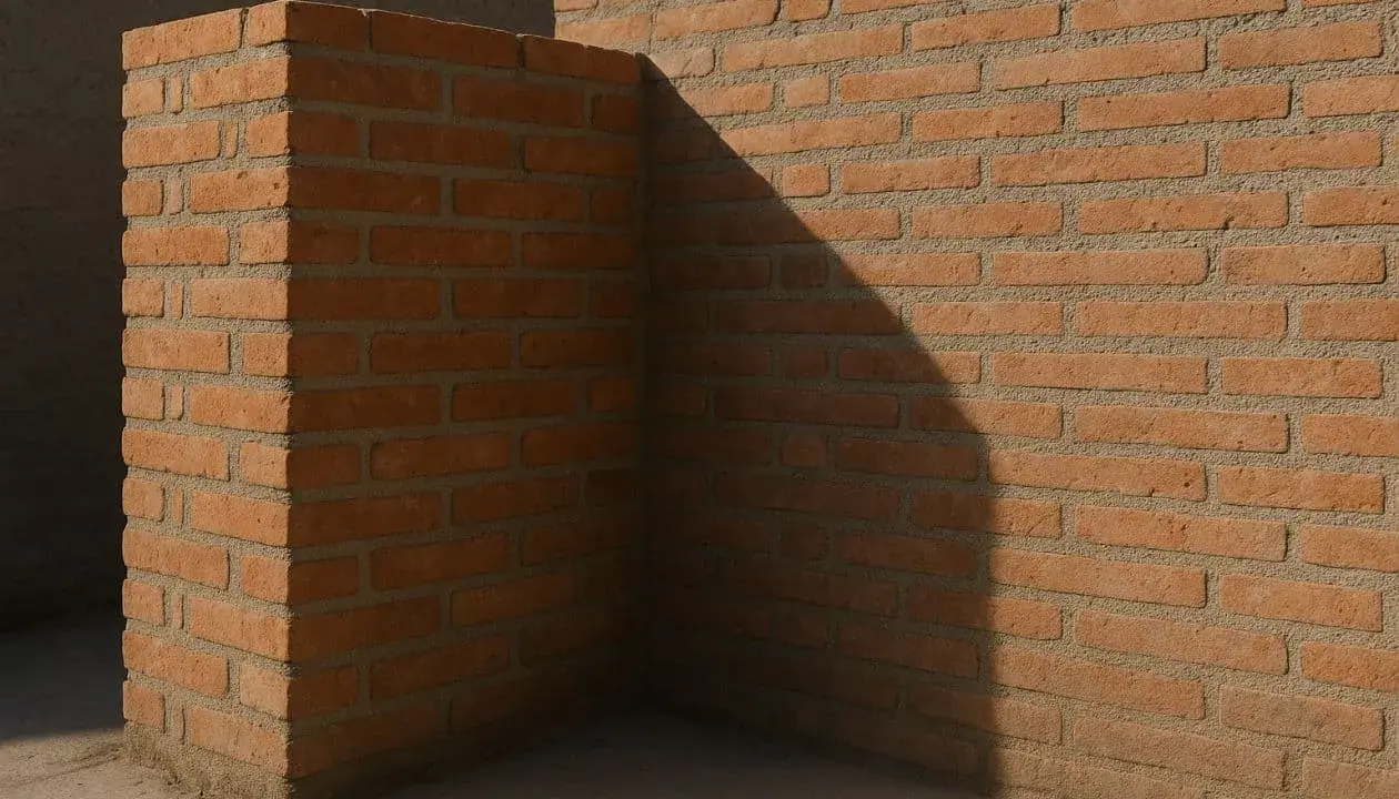Esquina de un muro medianero entre vecinos, construido con ladrillos de color terracota y cemento gris. Una sombra diagonal cruza la pared.