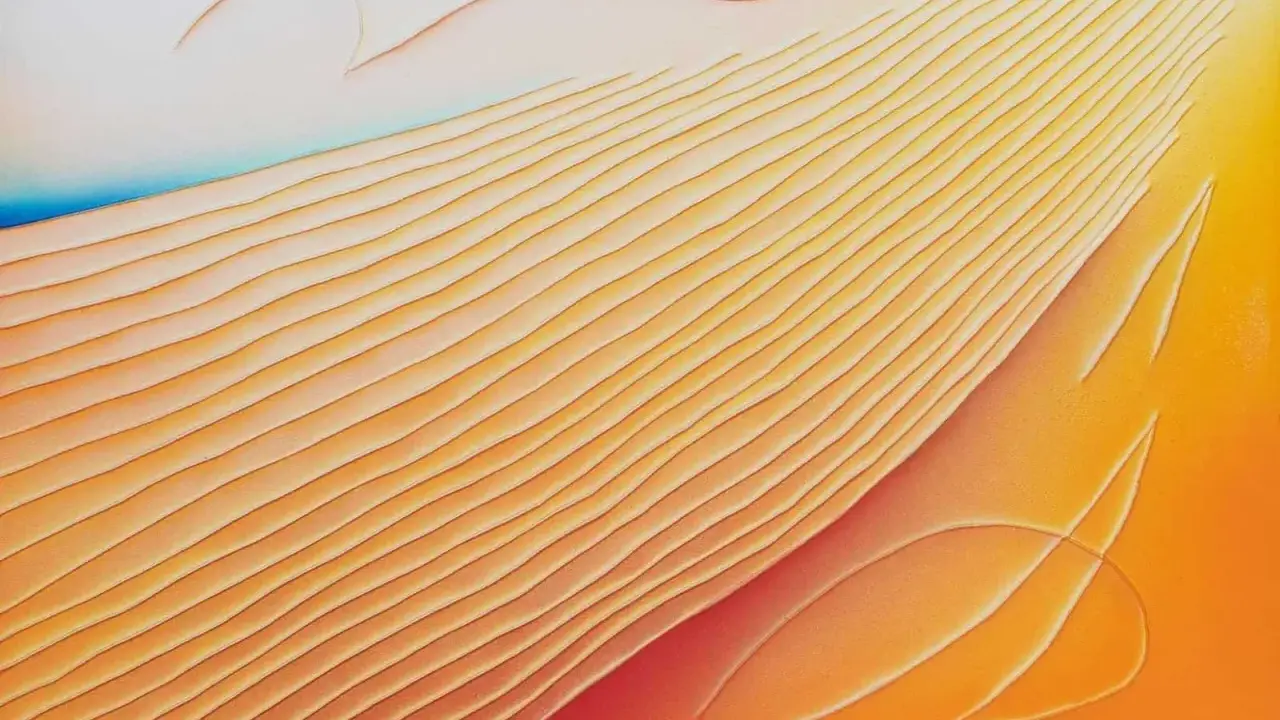 Abstract Gutai art with flowing orange and yellow lines, evoking sand dunes or rippling water.