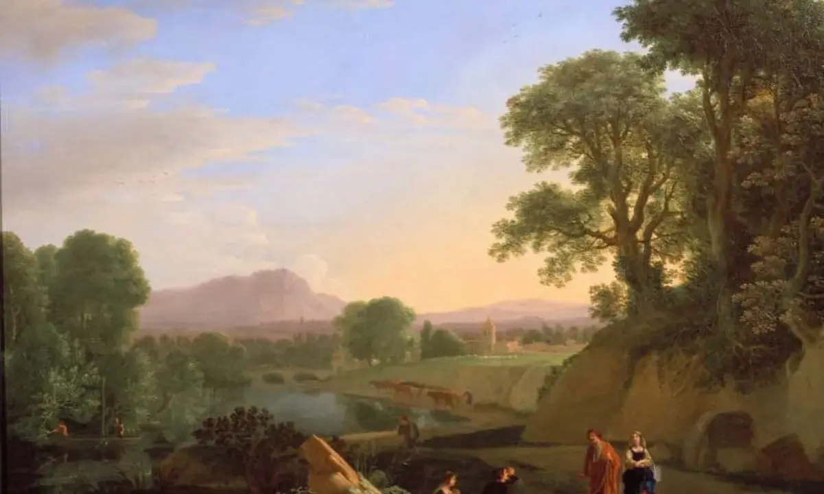 Idyllische renaissance landschaftsmalerei mit Figuren, die am Flussufer rasten, Pferde auf einem Feld und eine Stadt in der Ferne.