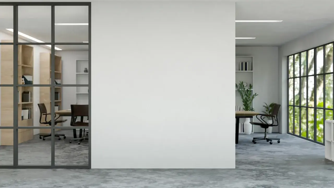 Un moderno tabique de cristal separa una sala de reuniones con estanterías de madera de una oficina con vistas a un jardín frondoso.