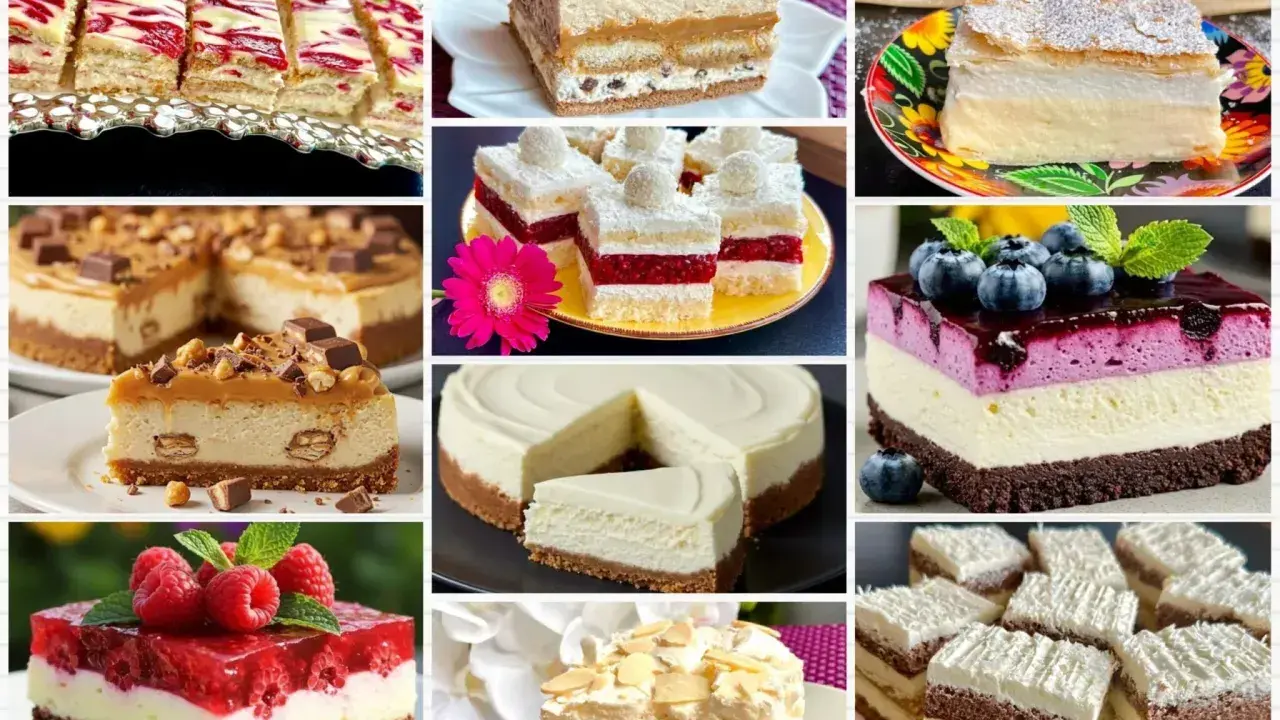Kompilacja 10 najlepszych ciast: sernik, tiramisu, ciasto z malinami i kremem, deser z borówkami i wiele innych słodkości.