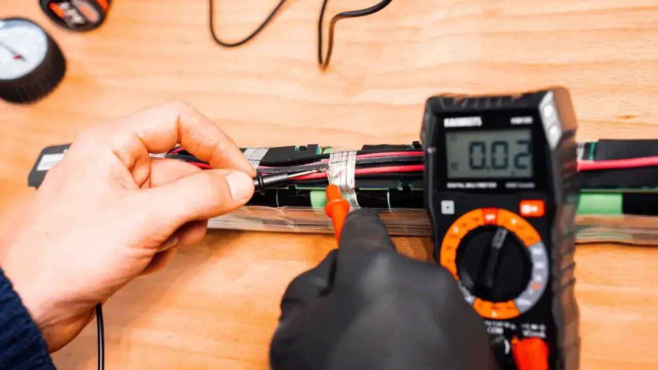 Test d'une batterie de vélo électrique. Peut-on mettre une batterie plus puissante ? Mesure avec un multimètre.