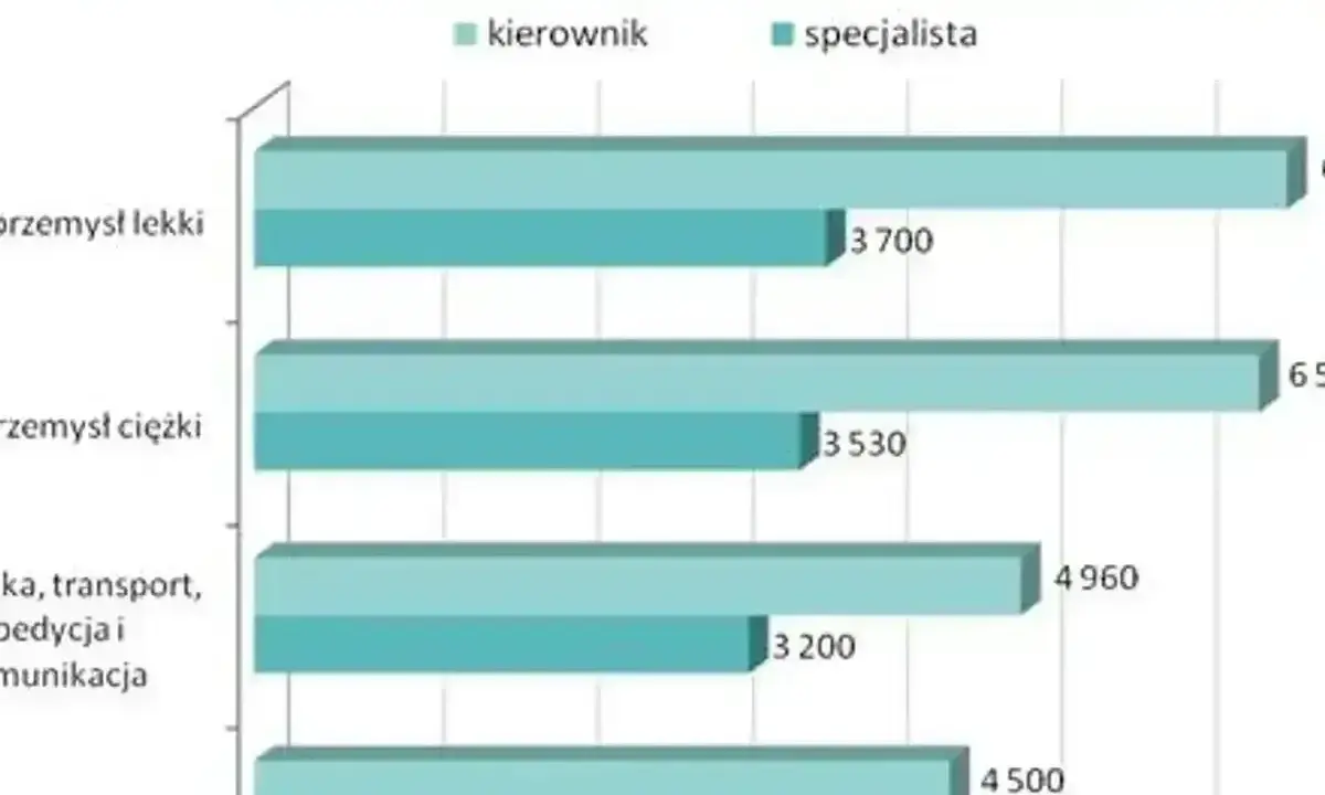 Wykres pokazuje, ile zarabia logistyk w różnych branżach. Specjalista w przemyśle lekkim zarabia 3700, a kierownik 6500.