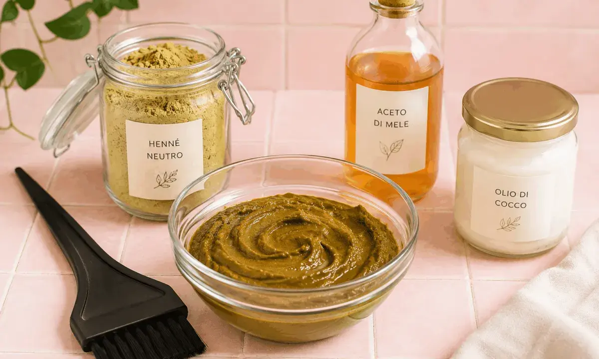 Preparazione per la colorazione naturale dei capelli: henné neutro, aceto di mele, olio di cocco e pennello. Valutare i henné capelli pro e contro per una scelta consapevole.
