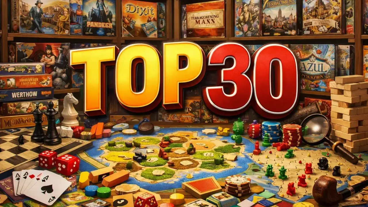 Popularne gry planszowe: "TOP 30" na tle półek z grami, plansza, kości, karty i pionki.