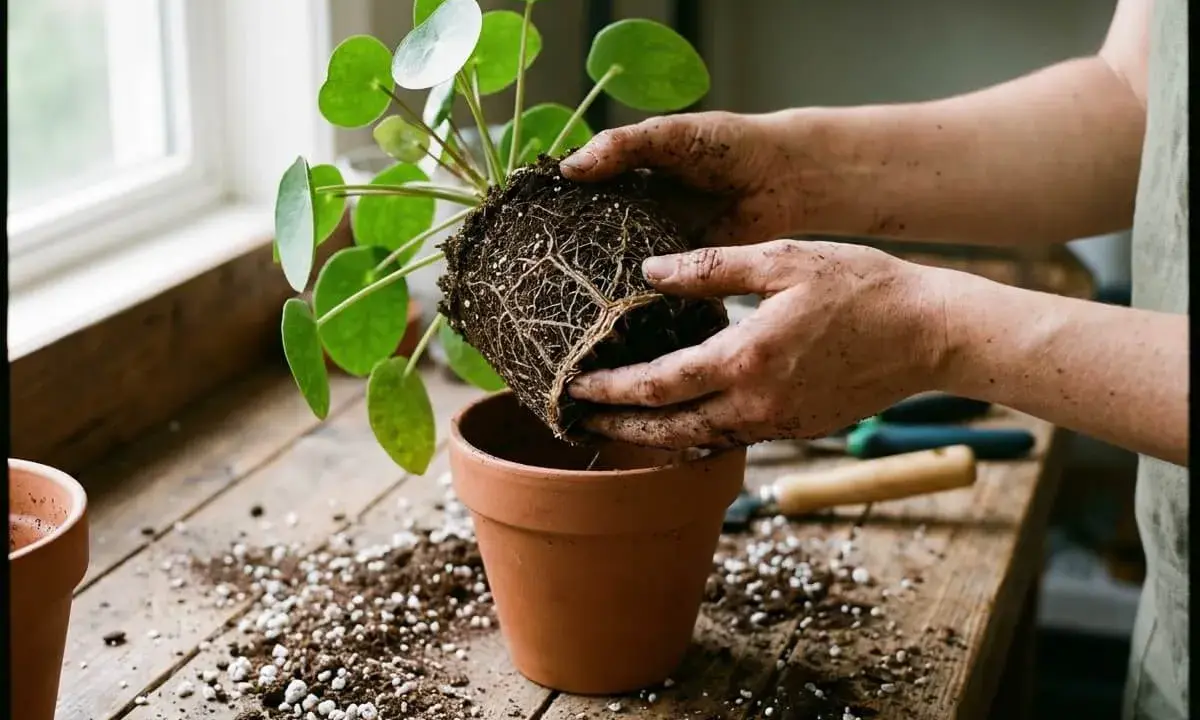 Mains terreuses tenant une plante aux racines bien développées, prête à rempoter dans un pot en terre cuite.