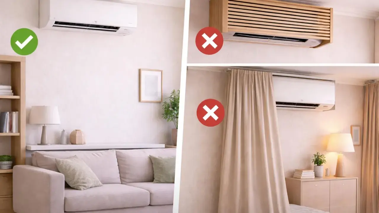 Guía visual: cómo instalar aire acondicionado correctamente. Evita obstrucciones y cubiertas que impidan su funcionamiento óptimo.