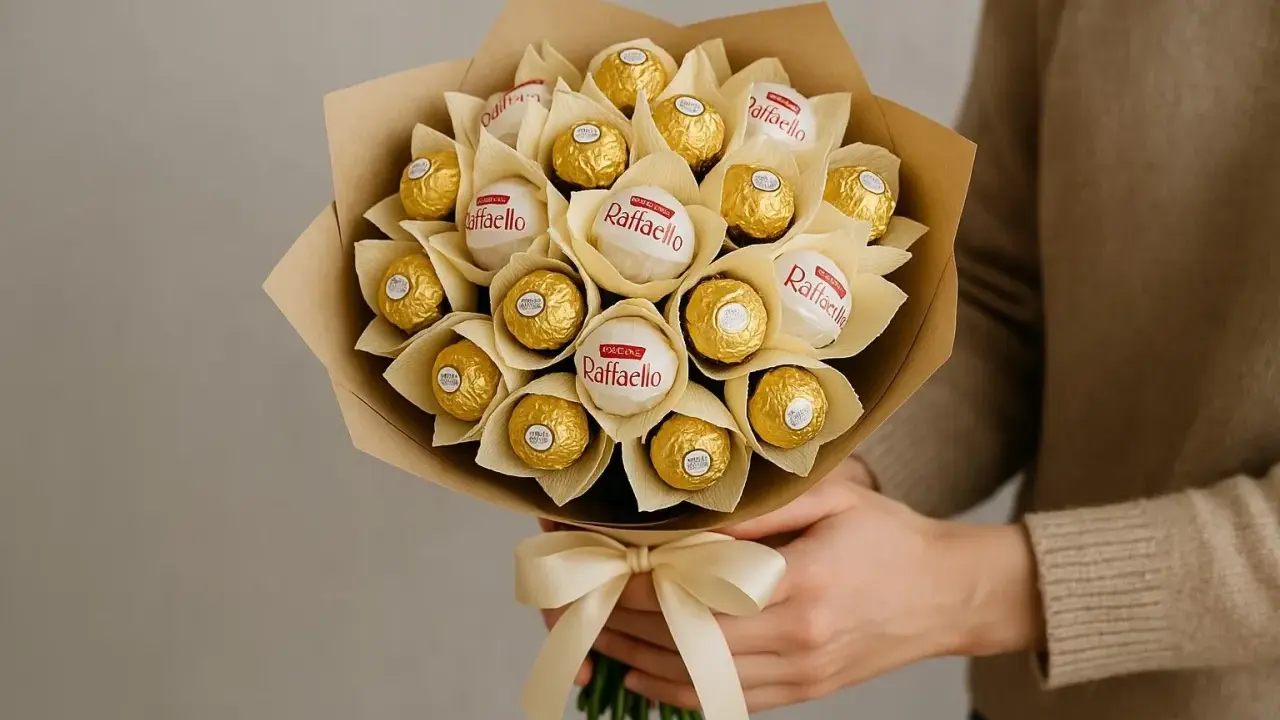 Bukiet z Raffaello i Ferrero Rocher, idealny pomysł na prezent. Jak zrobić bukiet z merci?