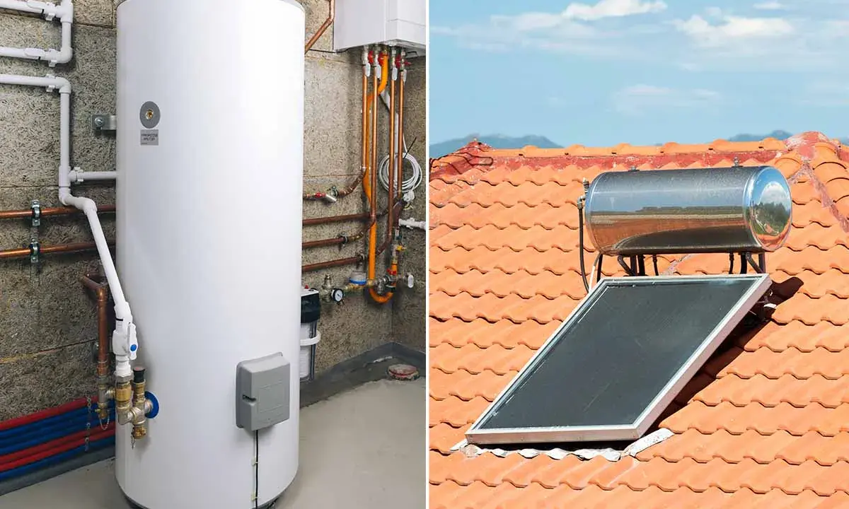 Système de chauffe eau solaire fait maison : un ballon blanc dans une pièce technique et un panneau solaire sur un toit de tuiles.