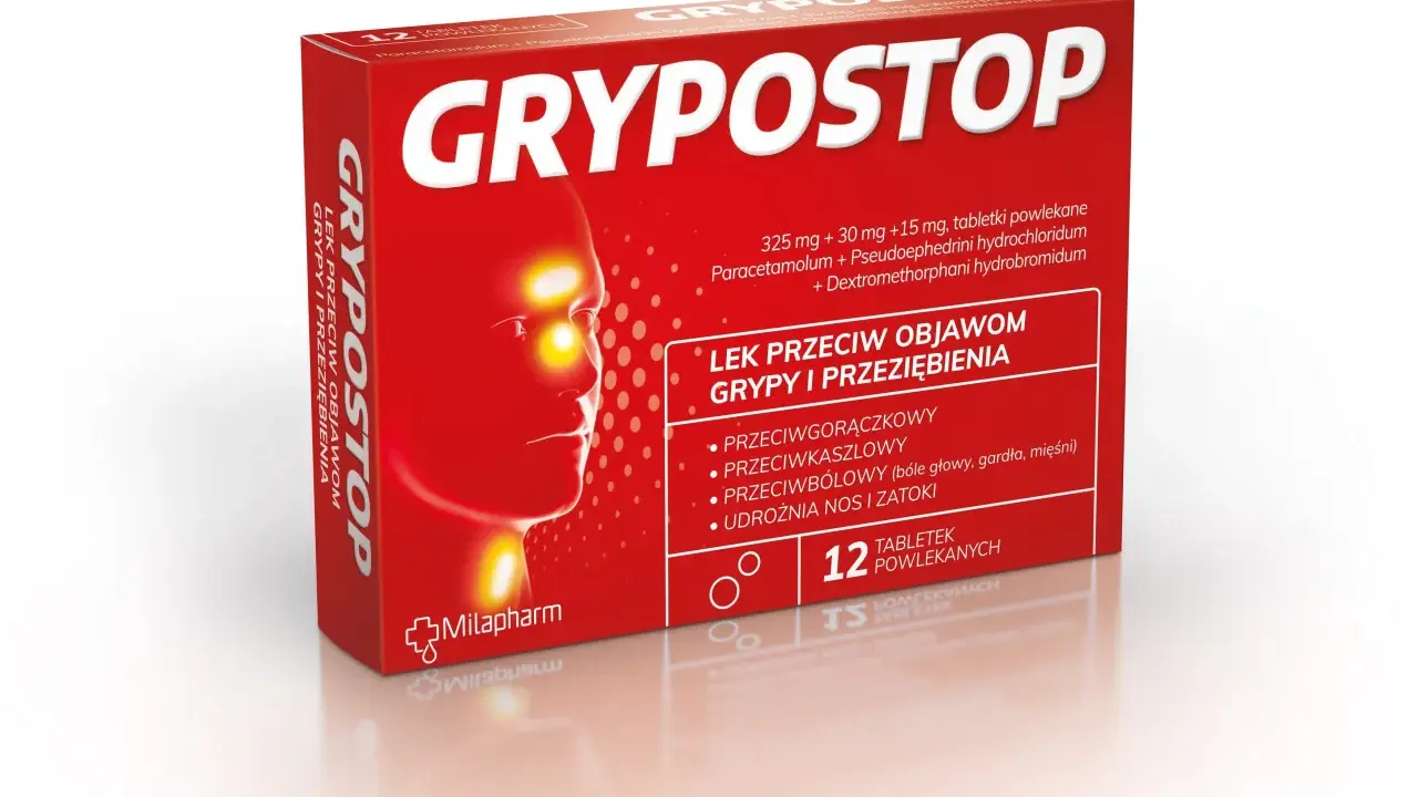 Opakowanie leków na grypę Grypostop, z wizerunkiem głowy z zaznaczonymi objawami. Pomaga zwalczyć gorączkę, kaszel i ból.
