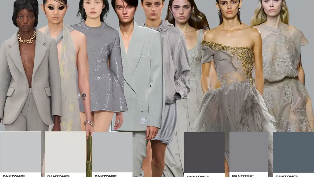 Modelli con abiti eleganti in tonalità grigio e cammello, con campioni di colore Pantone a contrasto.