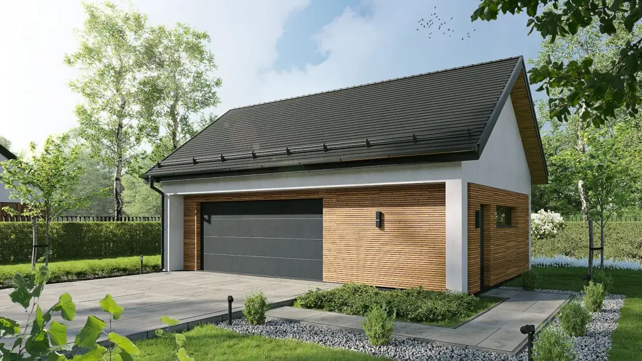 Nowoczesny budynek gospodarczy projekt 35m2 z drewnianą elewacją i dużym garażem. Otoczony zielenią, z podjazdem i ścieżką.