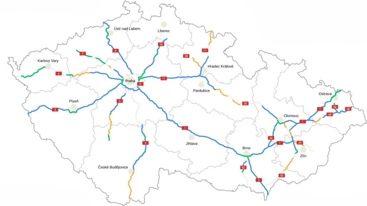 Mapa autostrad w Czechach z zaznaczonymi głównymi miastami i numerami dróg.