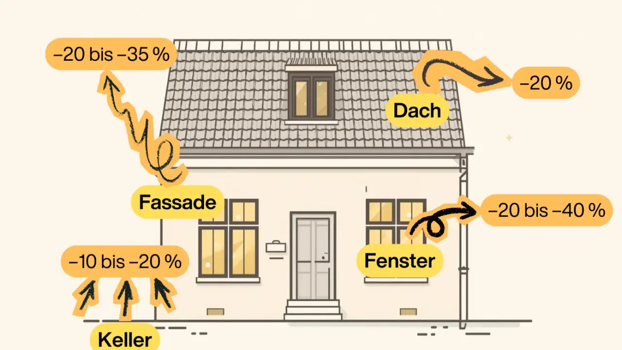 Veranschaulicht Energieverluste am Haus: Fassade (WDVS), Dach, Fenster, Keller. Pfeile zeigen prozentuale Einsparungen bei Dämmung.