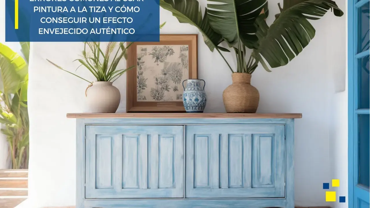 Mueble azul con efecto envejecido, resultado de una pintura a la tiza. Decorado con plantas y jarrones, muestra cómo lograr un acabado auténtico.