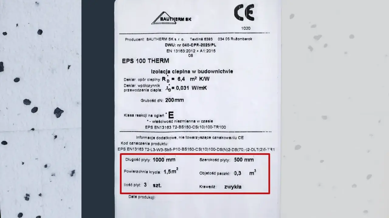 Etykieta produktu EPS 100 THERM. Grubość 200mm, powierzchnia krycia 1,5m². Ile styropianu 5 cm w paczce m2? Objętość paczki 0,3 m³.