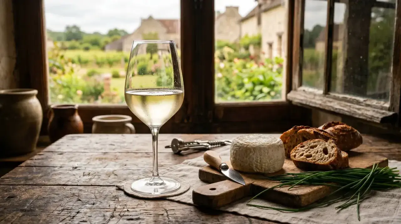 Ein Glas Weißwein, typisch für die Sancerre Rebsorte, steht neben Brot und Käse vor einem Fenster mit Blick auf ein ländliches Anwesen.