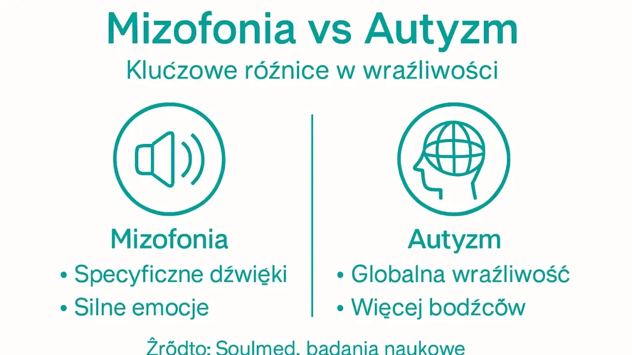 Mizofonia vs Autyzm: kluczowe różnice w wrażliwości. Mizofonia to specyficzne dźwięki i silne emocje. Autyzm to globalna wrażliwość i więcej bodźców.
