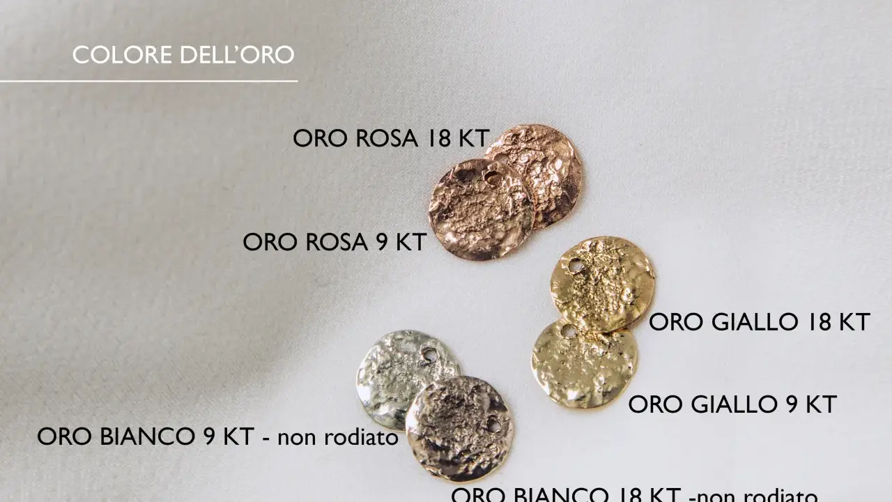 Confronto visivo: oro giallo, rosa e bianco in diverse carature. La differenza tra oro bianco e oro giallo è evidente nei toni.