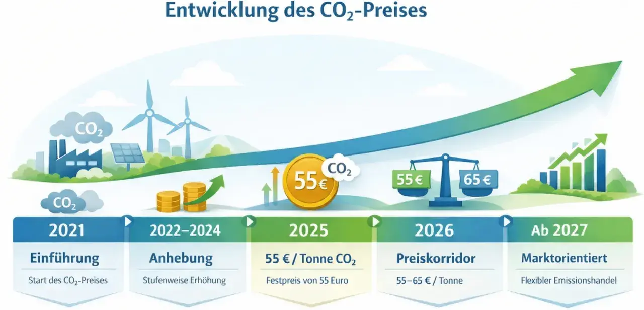 Entwicklung des CO2-Preises in Deutschland: Von Einführung 2021 über Anhebung bis marktorientiert ab 2027. Grüne Energie und steigende Preise.