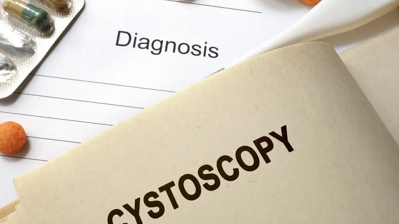Na dokumentach medycznych, obok leków i termometru, widnieje napis "CYSTOSCOPY". Czas trwania cystoskopii jest kluczowy dla pacjenta.