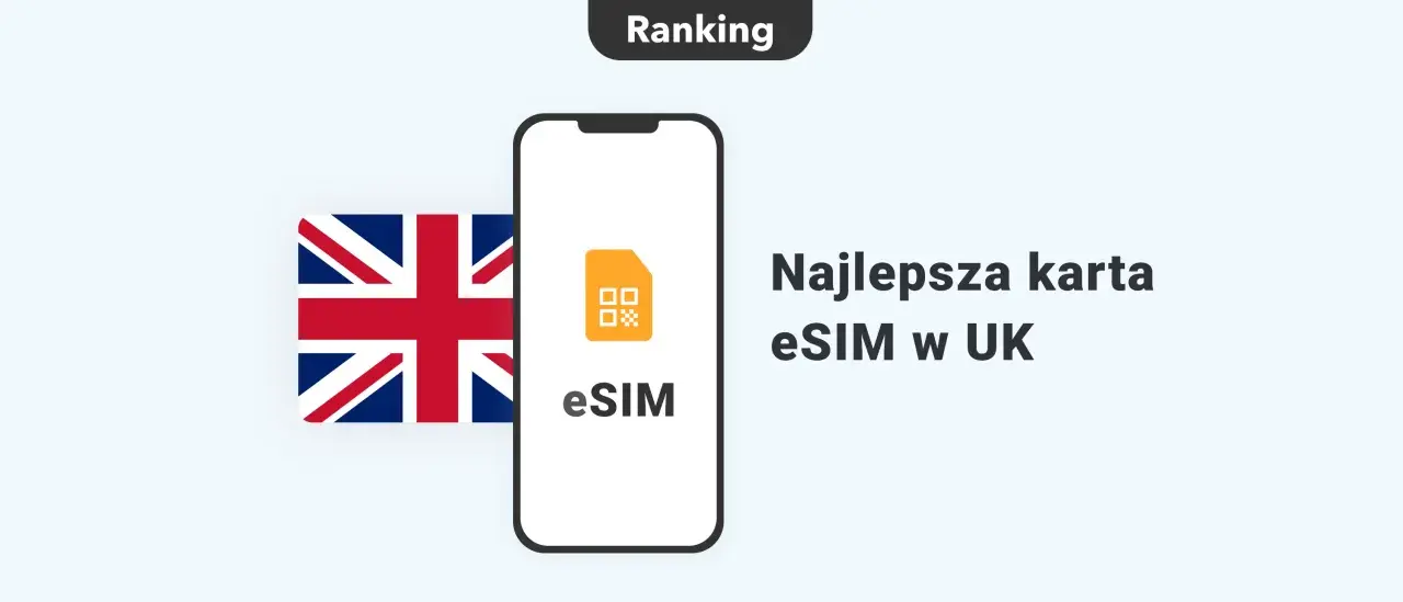 Ranking najlepszej karty eSIM w UK. Flaga Wielkiej Brytanii obok telefonu z ikoną eSIM.