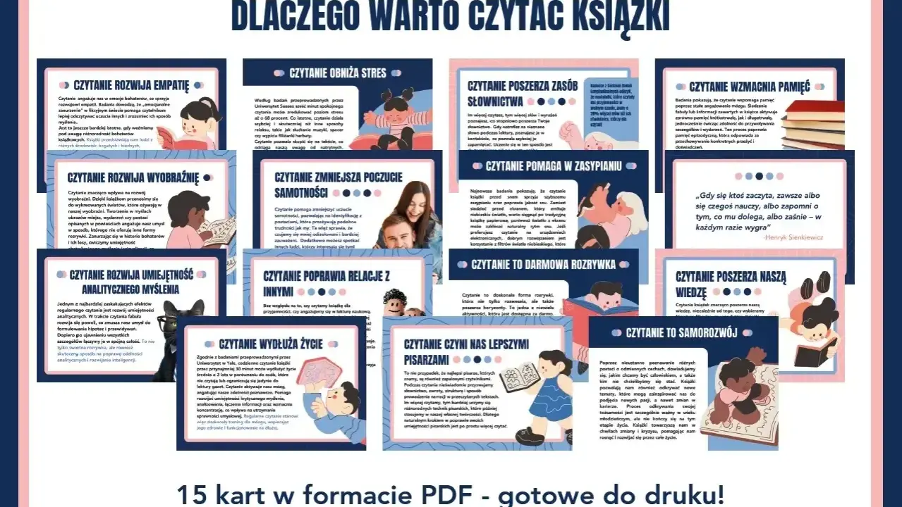 Dlaczego warto czytać książki? Rozwija empatię, obniża stres, poszerza słownictwo, wzmacnia pamięć, rozwija wyobraźnię, pomaga w zasypianiu, wydłuża życie i czyni lepszymi pisarzami.