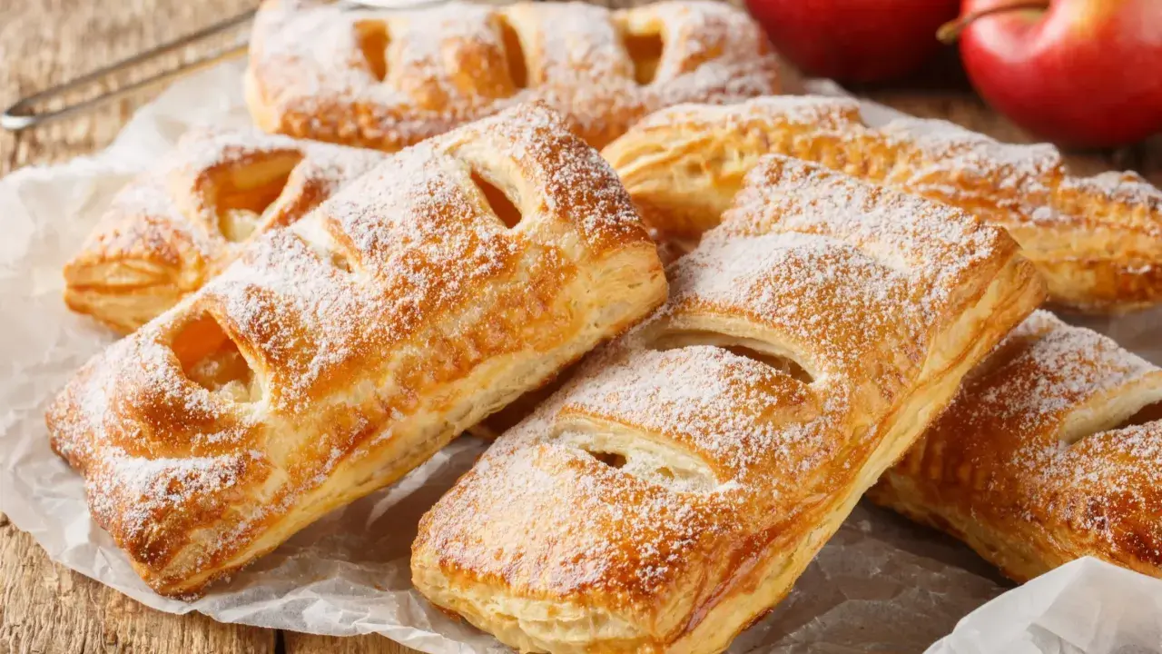 Chrupiące ciasto francuskie z jabłkami, posypane cukrem pudrem, czeka na spróbowanie. Obok leżą rumiane jabłka.