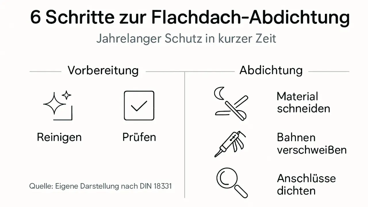 6 Schritte zur Flachdach-Abdichtung: Vorbereitung (Reinigen, Prüfen) und Abdichtung (Material schneiden, Bahnen verschweißen, Anschlüsse dichten). Beachten Sie die Vorschriften für sichere Sekuranten.