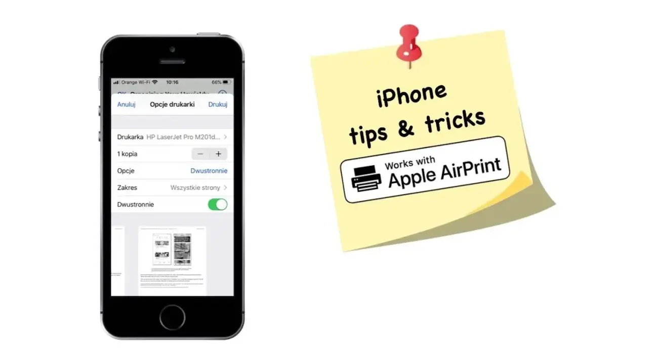 Ustawienia drukowania na iPhonie, pokazujące opcje dwustronnego drukowania. Obok żółta karteczka z napisem "iPhone tips & tricks" i logo "Works with Apple AirPrint", sugerująca łatwe drukowanie.