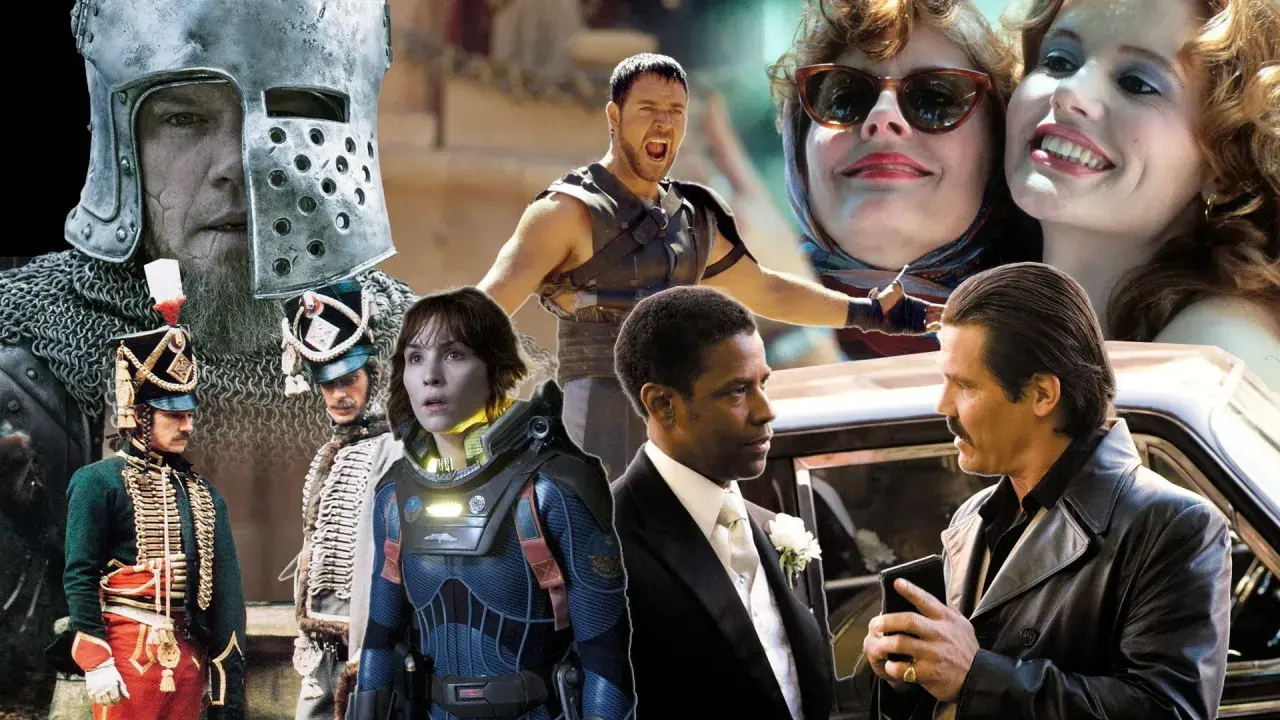 Collage di film di Ridley Scott: un cavaliere, soldati, astronauta, gladiatore, donne e gangster.