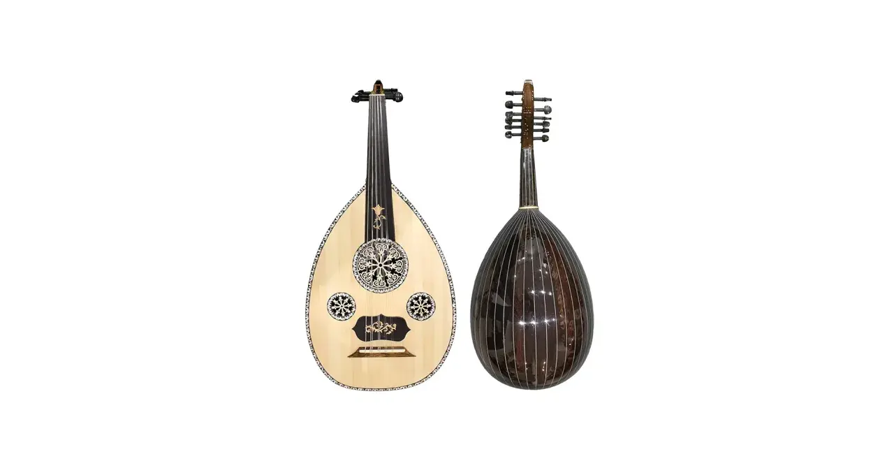 Deux oud, instruments de musique à cordes, l'un clair et décoré, l'autre sombre et strié.