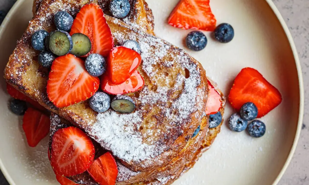 En hög med gyllene french toast, toppad med färska jordgubbar, blåbär och pudersocker. Ett perfekt recept för en lyxig frukost.